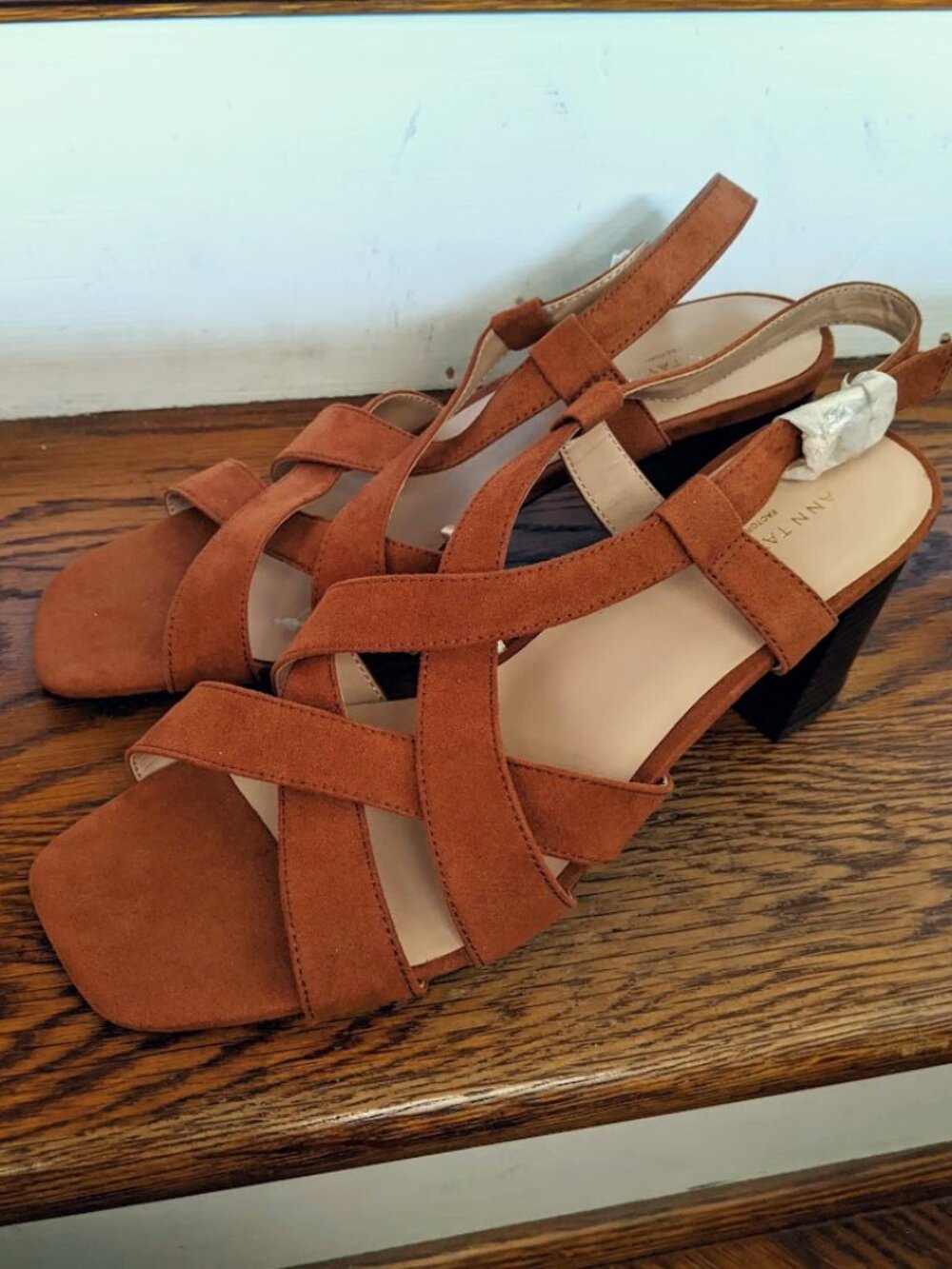 Ann Taylor Factory Cognac Suede Strappy Slingback Sandals Size 8M Block Heel NEW